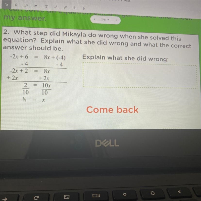 2. What step did Mikayla do wrong when she solved this equation? Explain what she-example-1