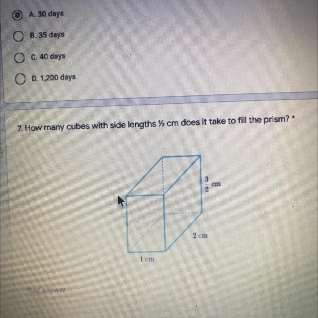 HELP ME (How many cubes with side length 1/2 cm does it take to fill the prism-example-1