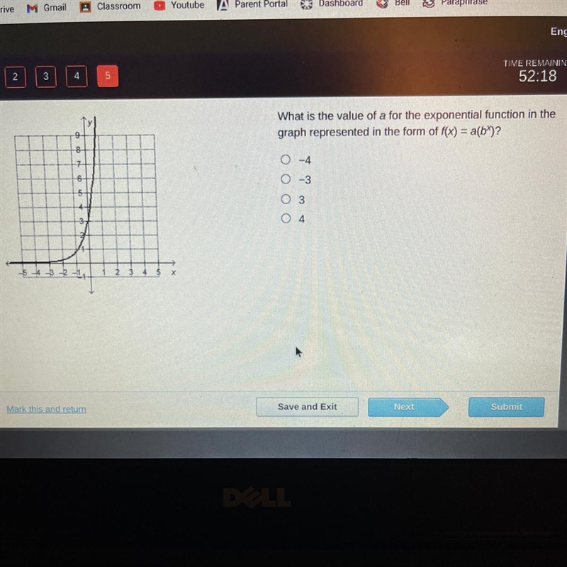 What is the value of A for the exponential function in the graph represented in the-example-1