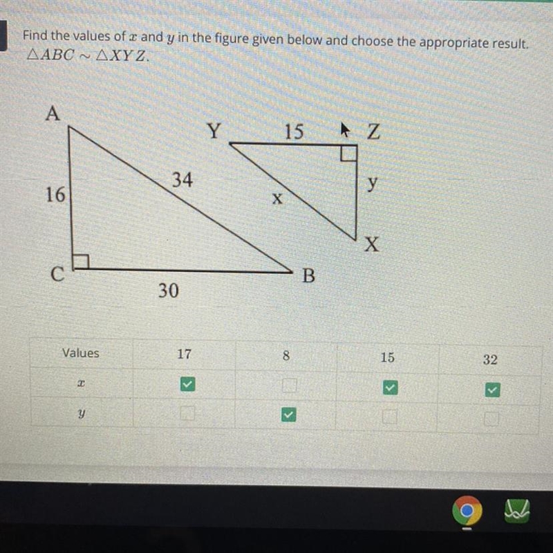 Find the values of and y the figure given below and choose the appropriate result-example-1