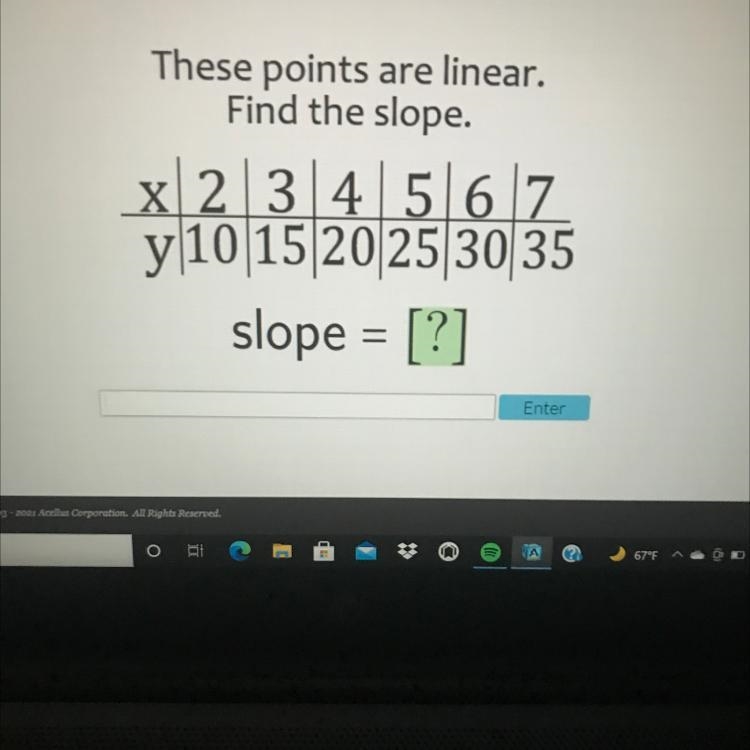 These points are linear. Find the slope.-example-1