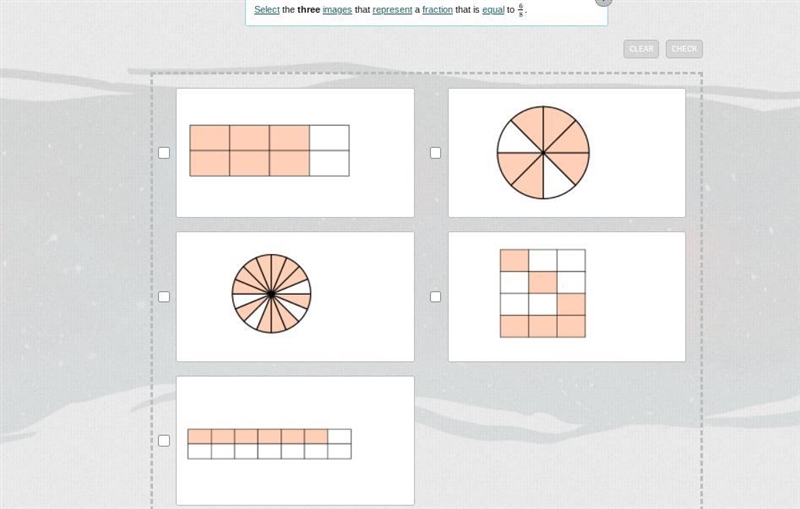 Select the three images that represent a fraction that is equal to 6/8.-example-1