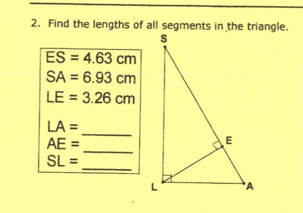 Find the length of all segments in the triangle￼ Find LA, AE, SL-example-1