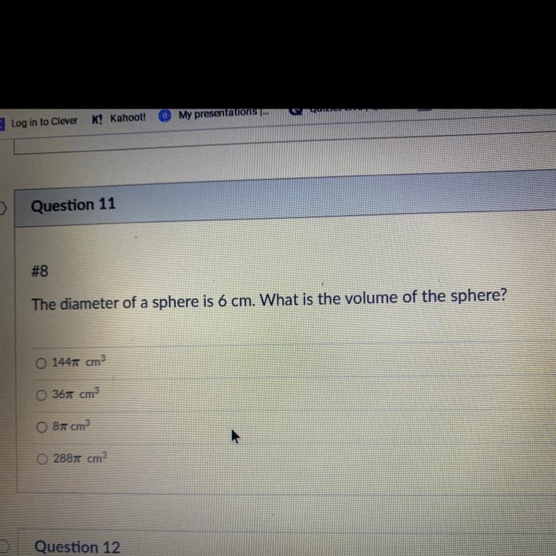 The diameter of a sphere is 6 cm. What is the volume of the sphere?-example-1