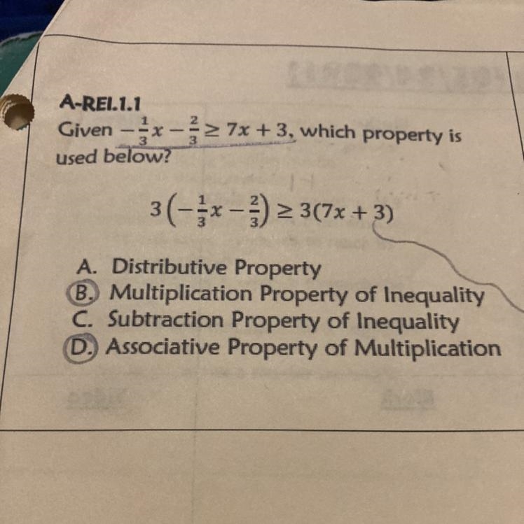 Which property is used below? A. Distributive Property B. Multiplication Property-example-1