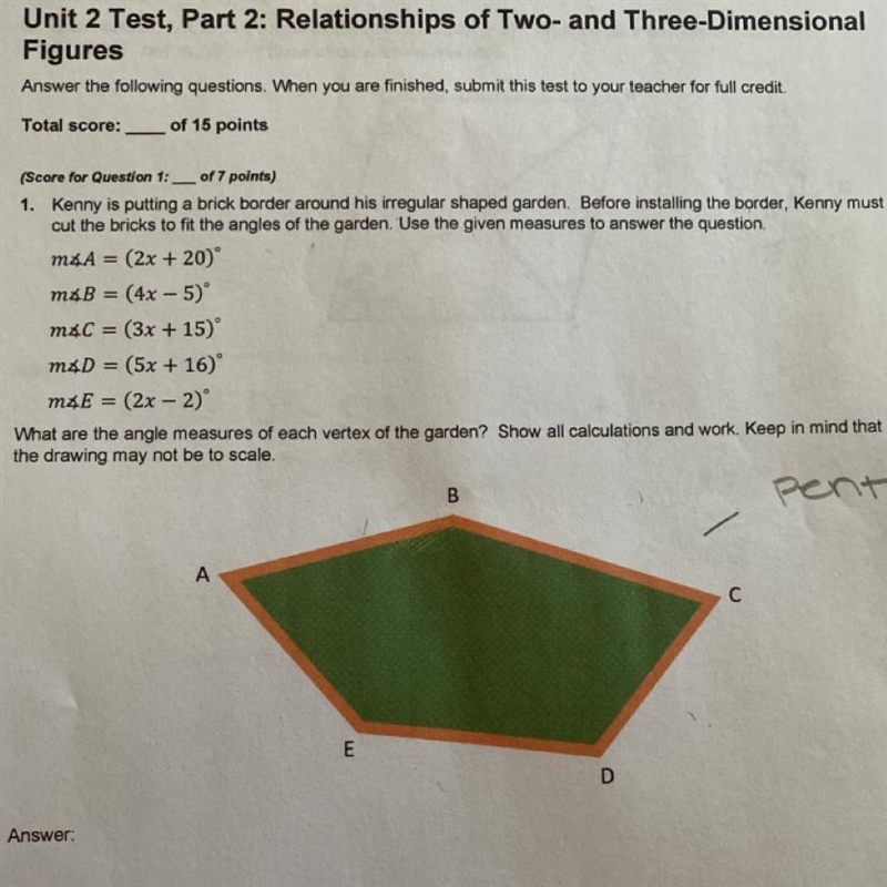 Worth 10 points help! 1. Kenny is putting a brick border around his irregular shaped-example-1