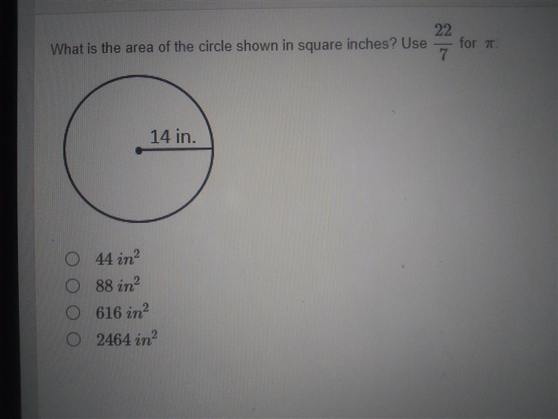 What is the area of the circle shown in square inches? Use 22/7 for π-example-1