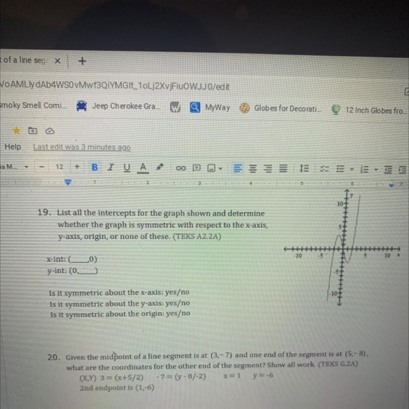 List all the intercepts for the graph shown and determine whether the graph is symmetric-example-1