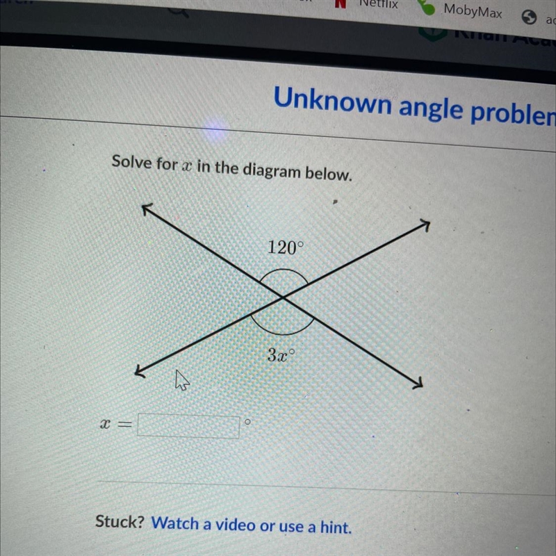 Solve for x in the diagram below. 120° 3xº 21 X =-example-1