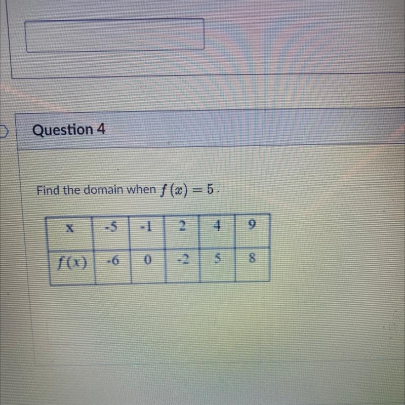 Find the domain when f (x) = 5. х -5 -1 9 4 5 8 f(x) -6 -6 | 0-example-1