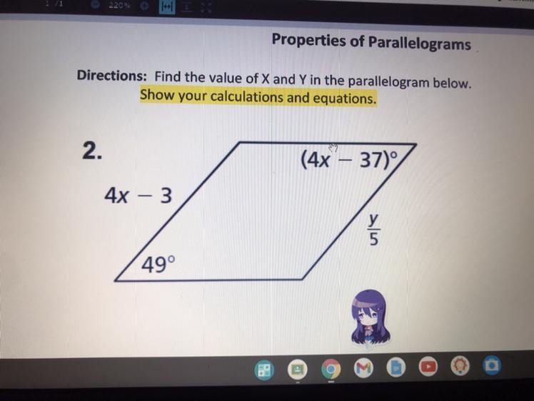 Find the value of X and Y in the parallelogram-example-1