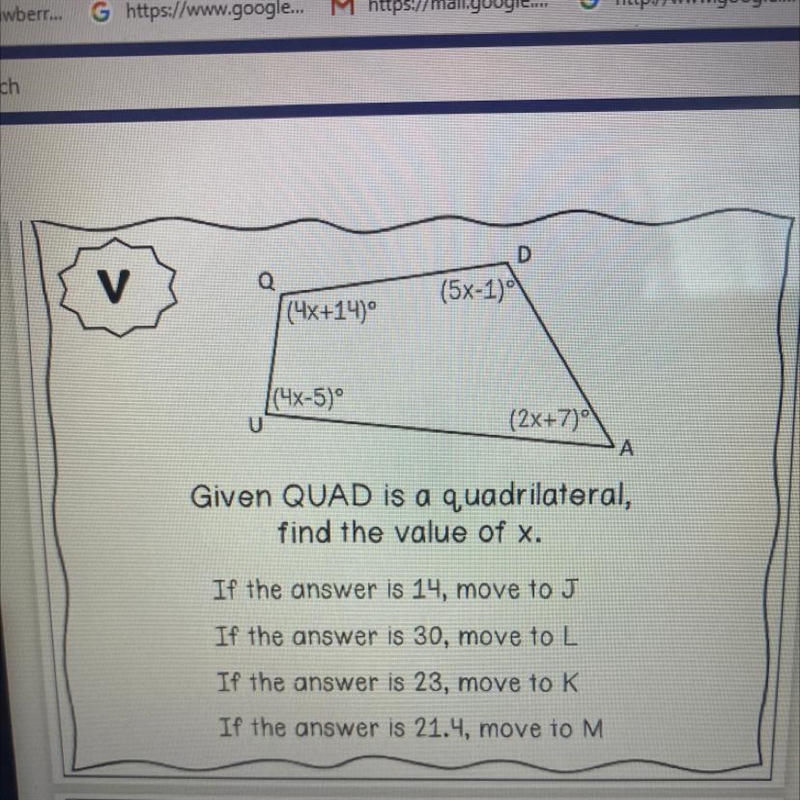 I NEED HELP PLSSS Given QUAD is a quadrilateral, find the value of x. If the answer-example-1