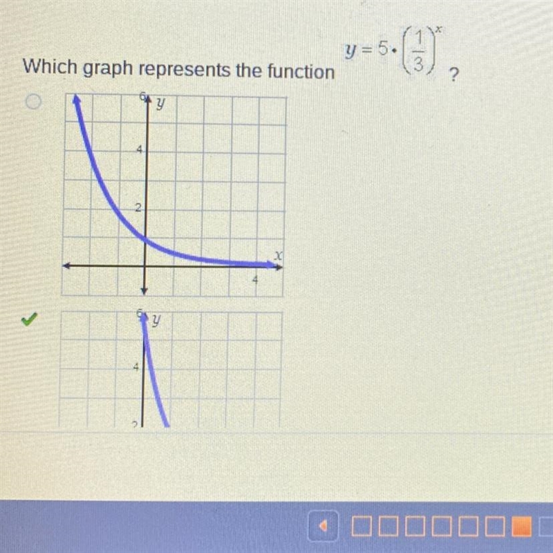 Which graph represents the function? y= 5 • (1/3)^x (I got the right answer but I-example-1