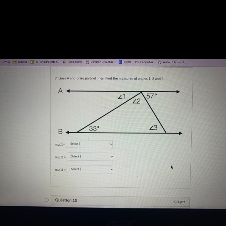 9. Lines A and B are parallel lines. Find the measures of angles 1, 2 and 3.-example-1