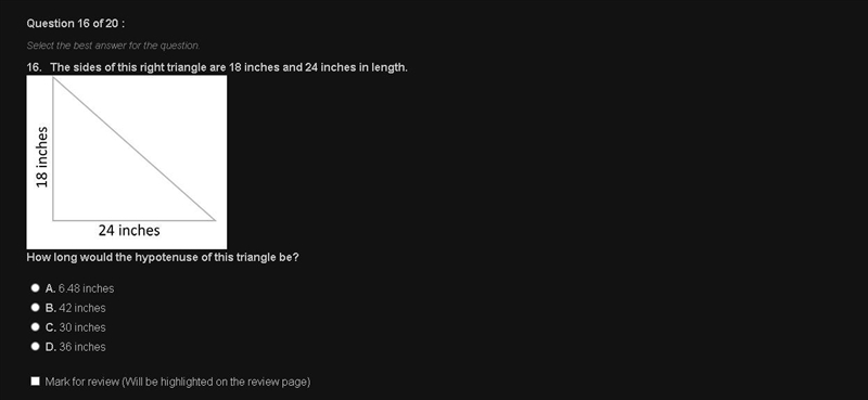 The sides of this right triangle are 18 inches and 24 inches in length. how long would-example-1