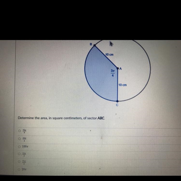 I need to know the area in square centimeters of sector ABC?-example-1