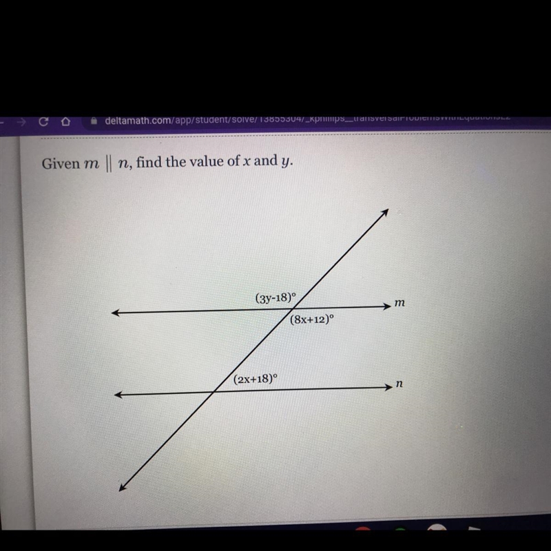 Given m || n, find the value of x and y. (3y-18)º m (8x+12)° (2x+18) n-example-1