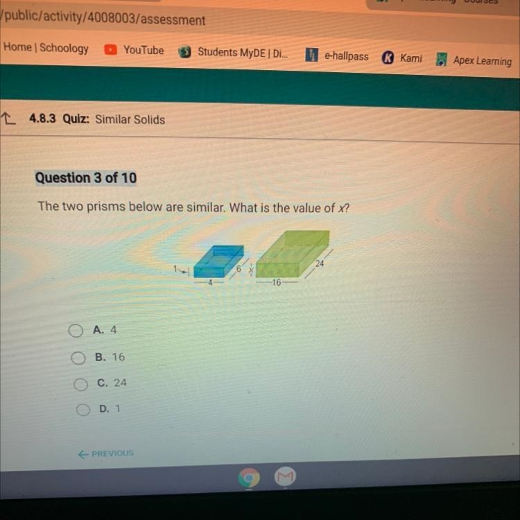 The two prisms below are similar. What is the value of x?-example-1