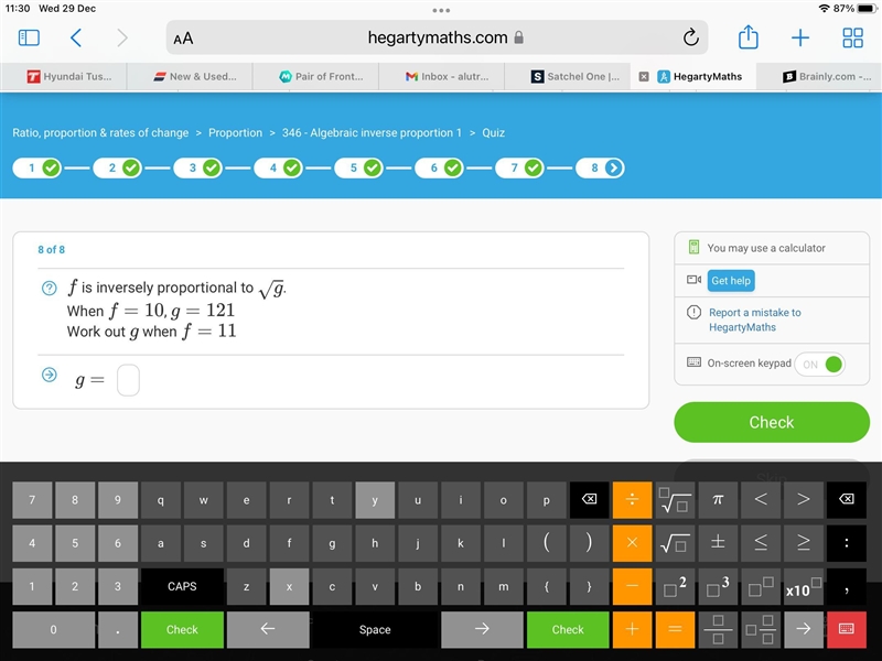 F is inversely proportional to √g. When f=10, g=121 Work out g when f=11-example-1