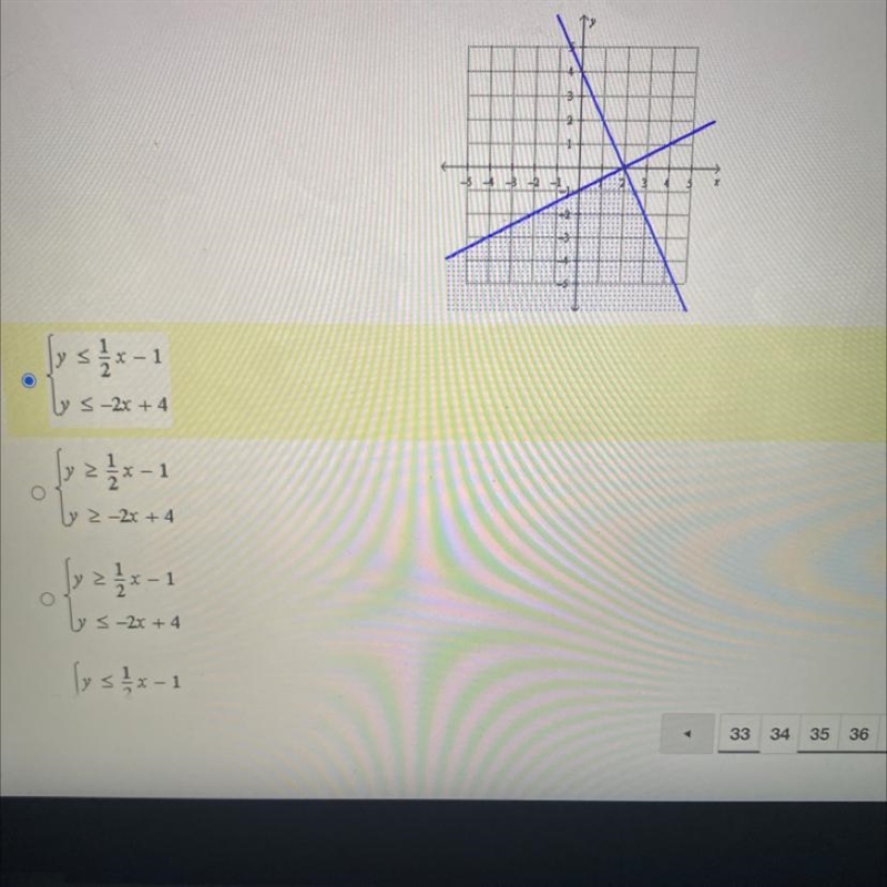 Which of the following systems of inequalities has solutions represented by the graph-example-1