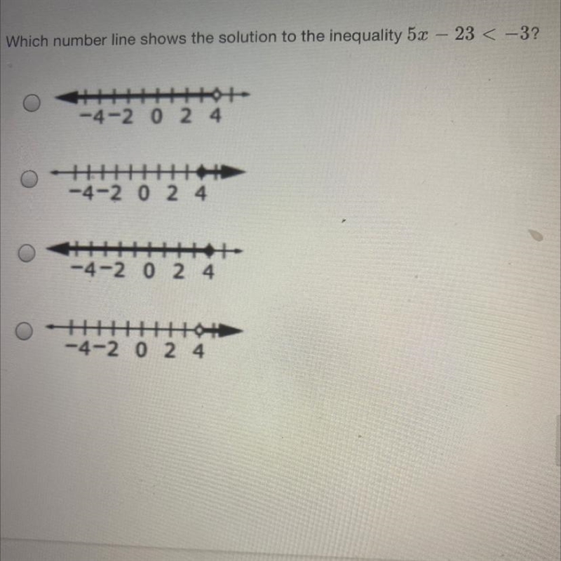 Which number line shows the solution to the inequality 5x - 23 < -3?-example-1