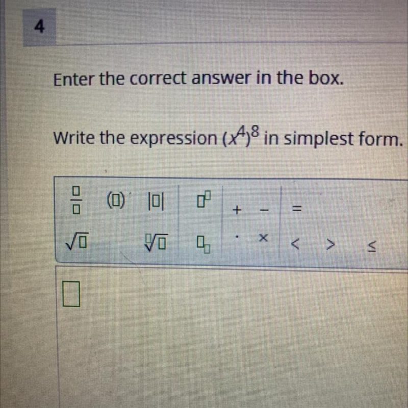 HELP ASAP!!! Write the expression (x^4)^8 in simplest form-example-1