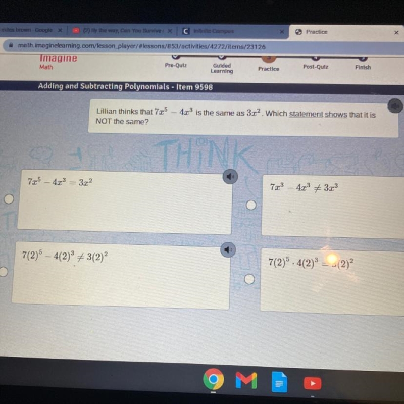 Lillian thinks that 725 - 4x3 is the same as 3.22. Which statement shows that it is-example-1