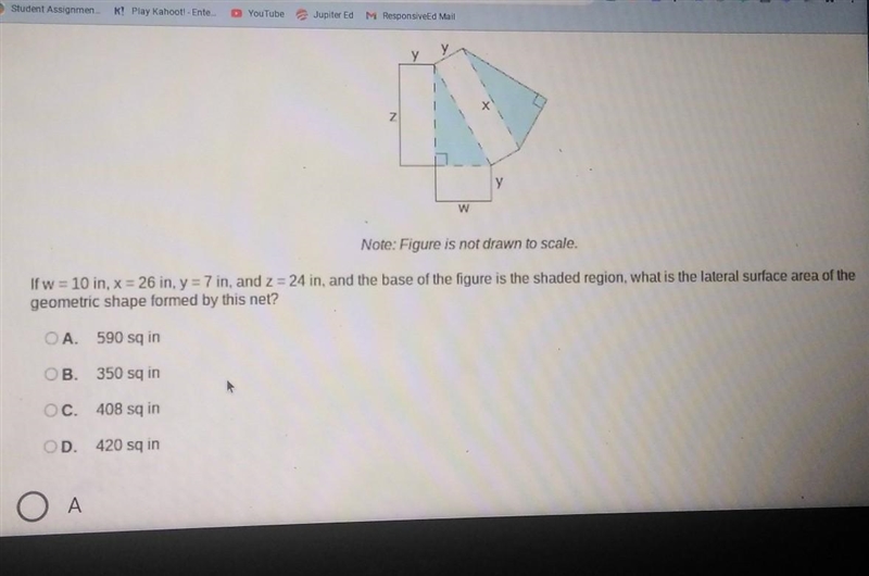 If w = 10 in, x = 26 in, y = 7 in, and z = 24 in, and the base of the figure is the-example-1