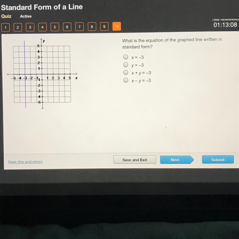 What is the equation of the graphed line written in standard form? X = -3 Y = -3 X-example-1