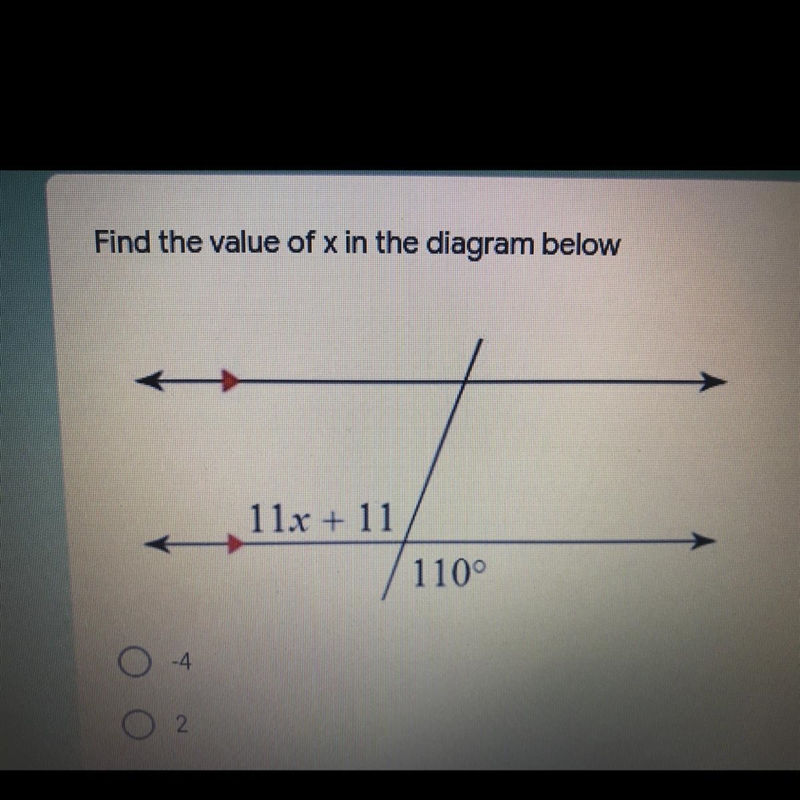 Find the value of x in the diagram below. A. -8 B. 8 C. 98 D. 172-example-1