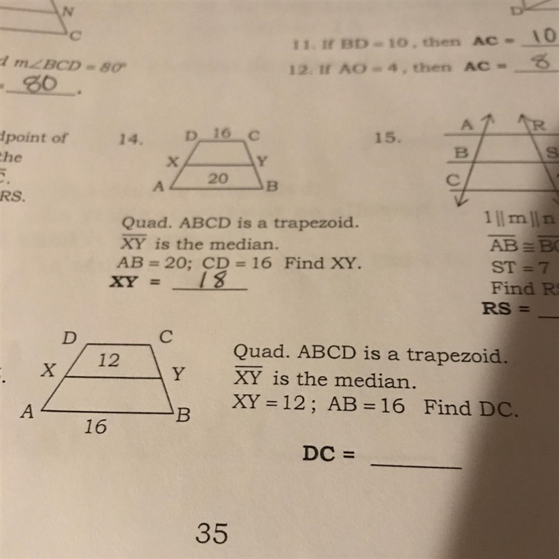 Please help!! Picture is provided Quad. ABCD is a trapezoid. XY is the median XY = 12; AB-example-1