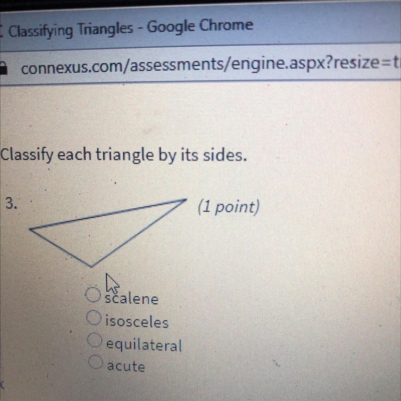 Classify each triangle by its sides. 3. 1)Scalene 2)isosceles 3)equilateral 4)acute-example-1