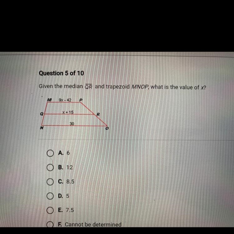 Given the median QR and trapezoid MNOP, what is the value of x?-example-1