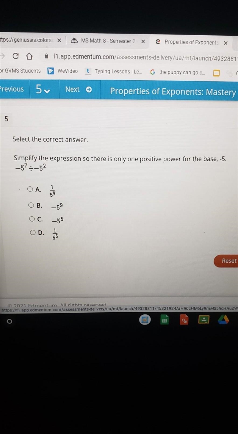 Simplify the expression so there is only one positive power for the base, -5.​-example-1