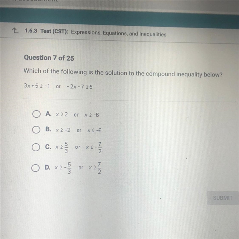 Which of the following is the solution to the compound inequality below? 3x +5&gt-example-1