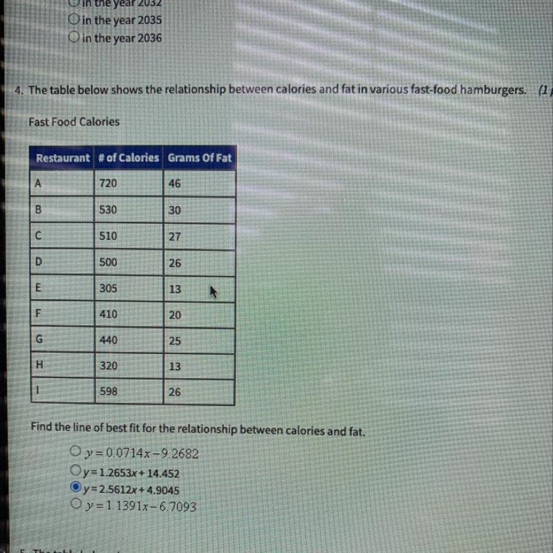 Find the line of best fit for the relationship between calories and fat. y=0.0714x-example-1