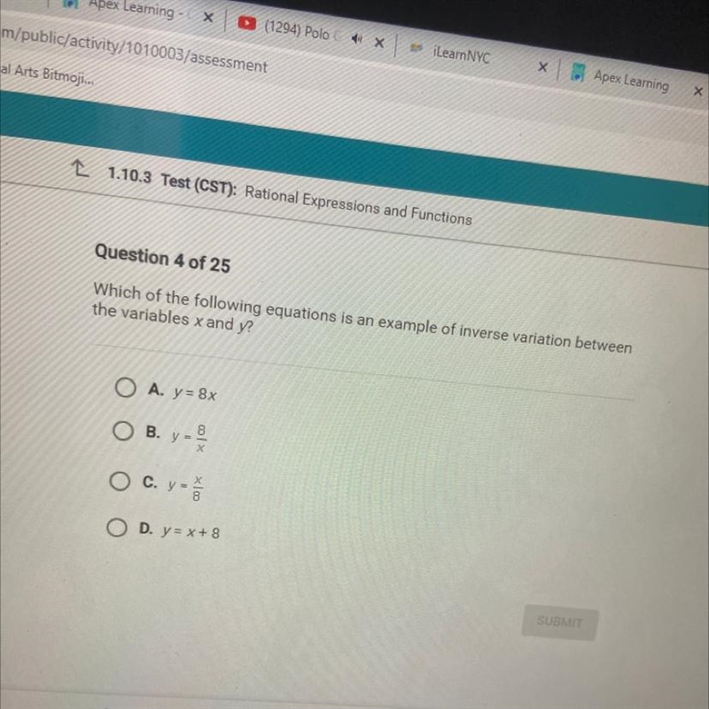 Which of the following equations is an example of inverse variation between the variables-example-1