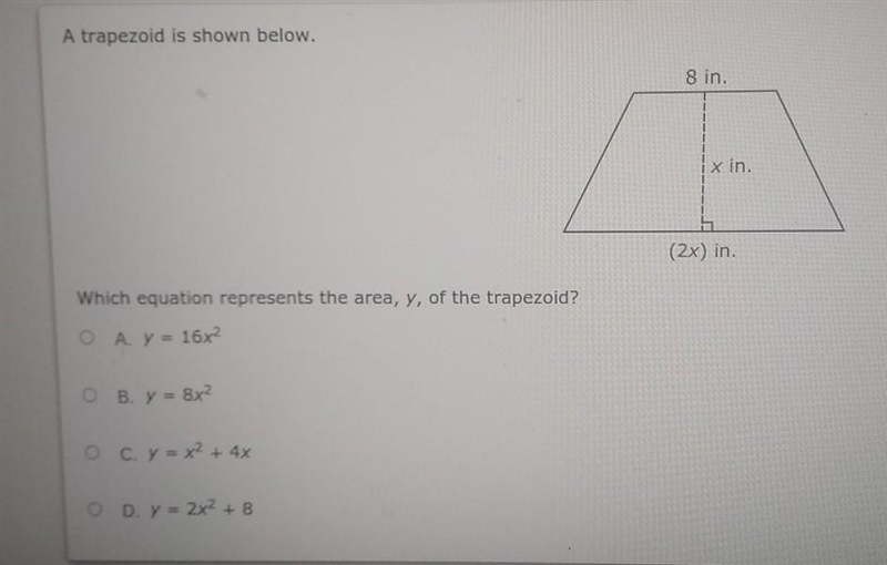 Which equation represents the area,y, of the trapezoid​-example-1