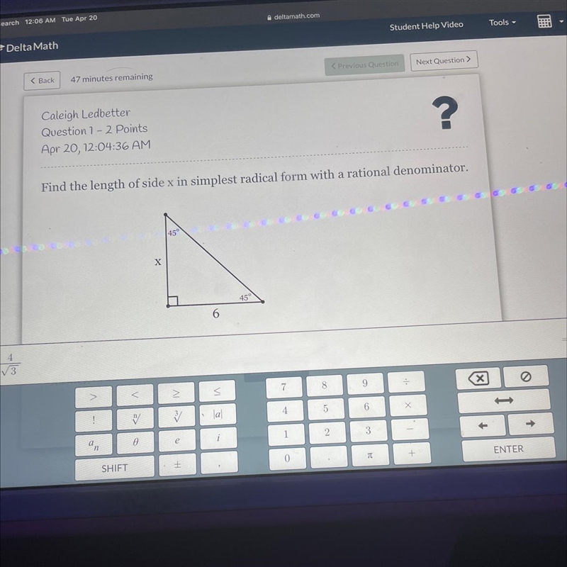 Find the length of side x in simplest radical form with a rational denominator-example-1