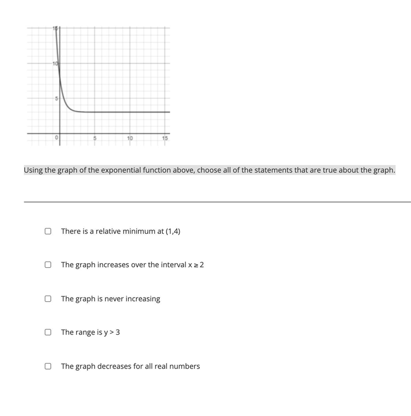 Using the graph of the exponential function above, choose all of the statements that-example-1