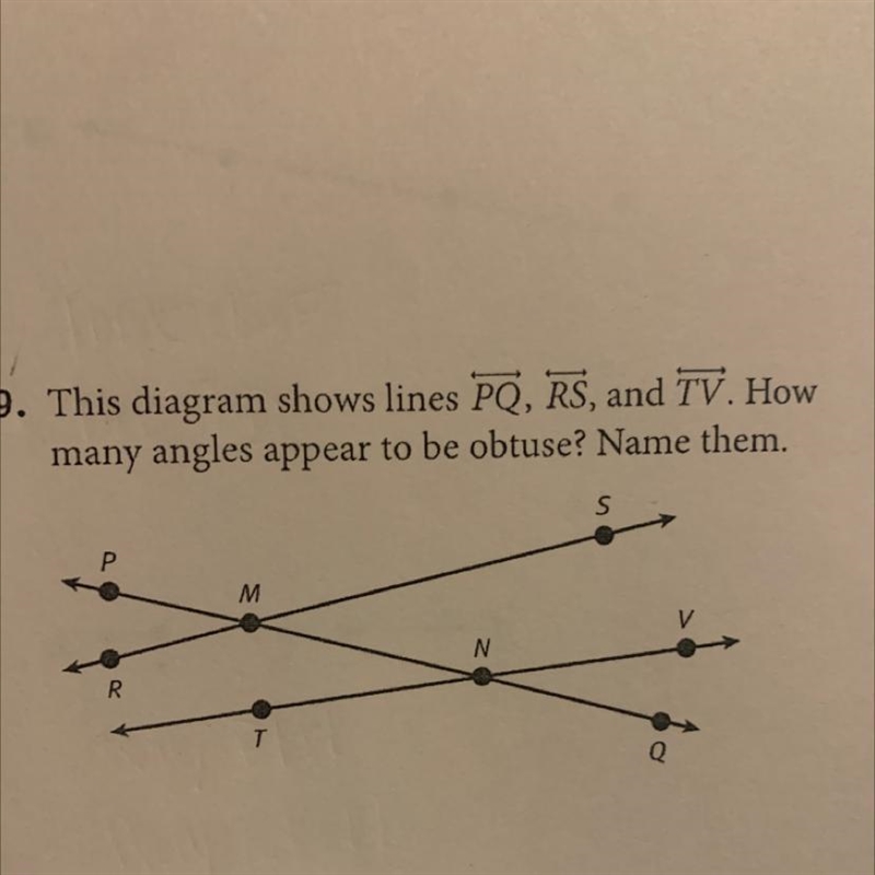 This diagram shows lines PQ, RS, and TV. How many angles appear to be obtuse? Name-example-1