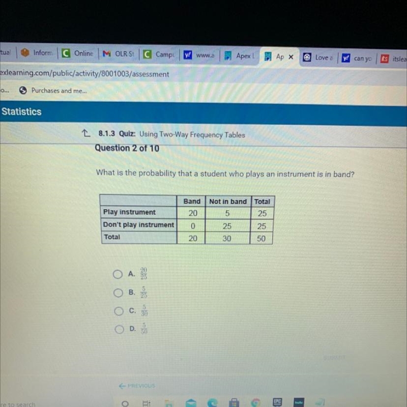 What is the probability that a student who plays an instrument is in band? A. 20/25 B-example-1