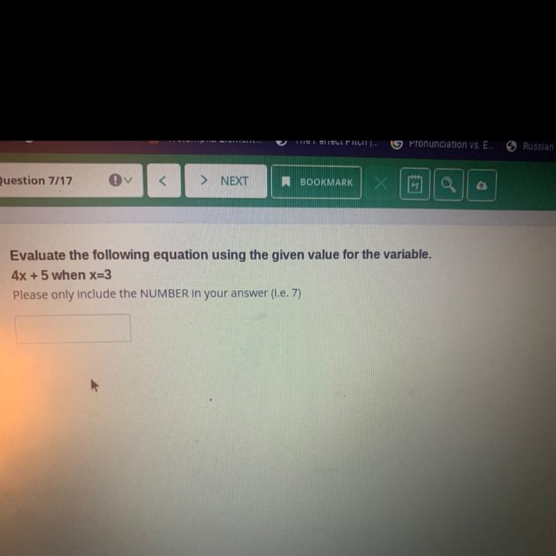 Evaluate the following equation using the given value for the variable. 4x + 5 when-example-1