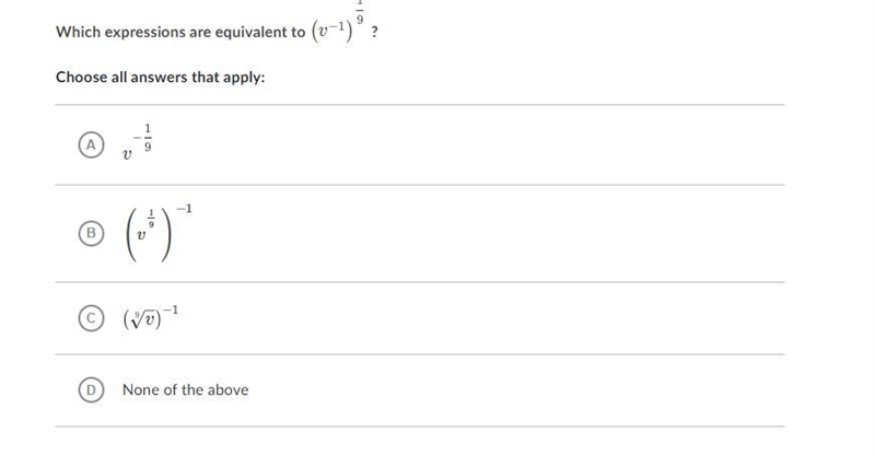 Which expressions in the picture are equivalent to (v^-1)^1/9? Choose all answers-example-1