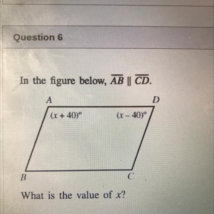 I’m the figure below, AB || CD. What is the value of x? A. 80 B. 40 C. 90 D. 50-example-1