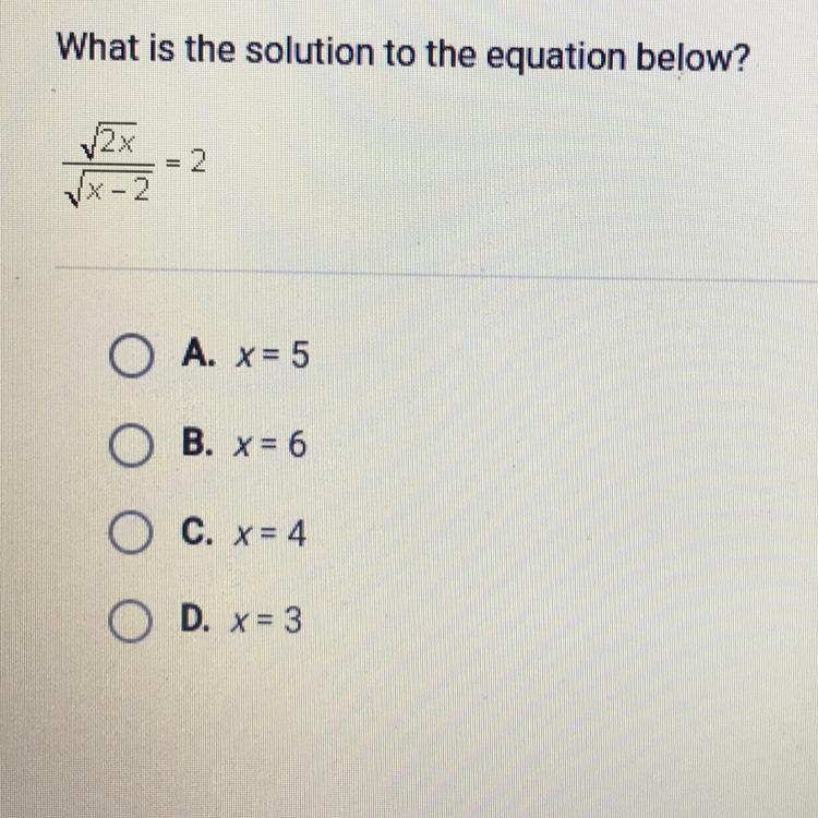 What is the solution to the equation below? √2x divided by √x-2 =2-example-1