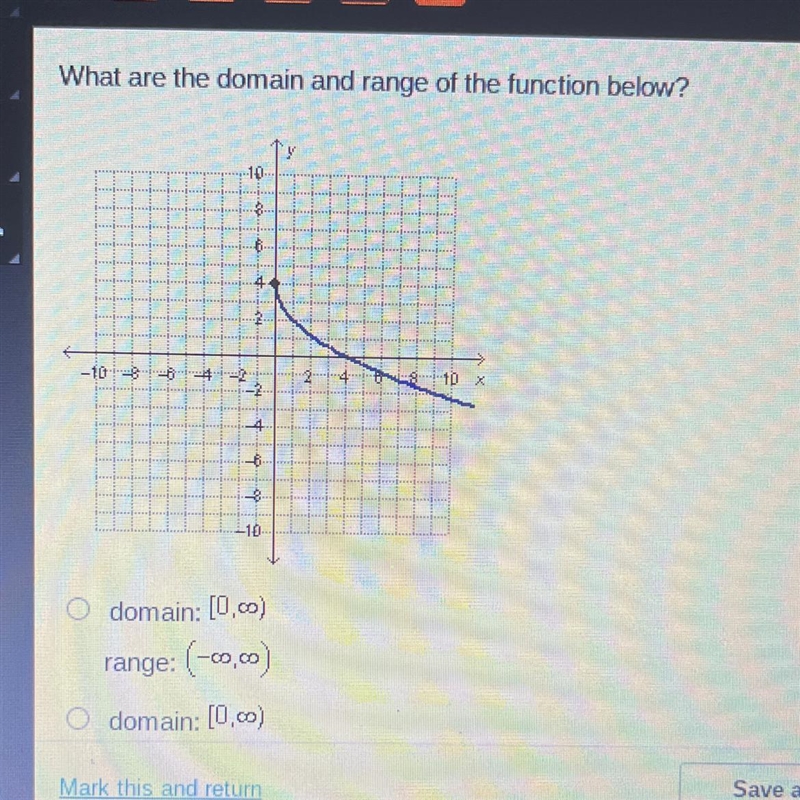 What are the domain and range of the function below? Domain[0, ∞). range (-∞, ∞). Domain-example-1