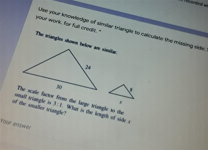 The scale factor from the large triangle to the small triangle is 3:1 What is the-example-1