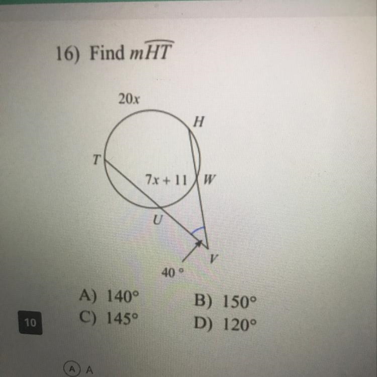 Find mHT A) 140° C) 145° B) 150° D) 120°-example-1