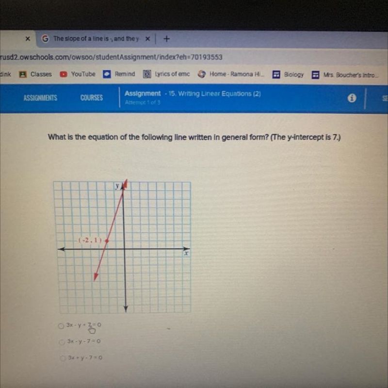 What is the equation of the following line written in general form? (The y-intercept-example-1